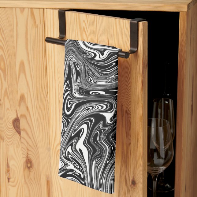Abstrakt Svartvitt flytande marmor Kökshandduk (Thirds Fold)