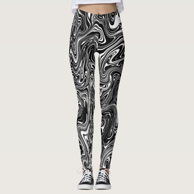 Abstrakt Svartvitt flytande marmor Leggings (Framsida)