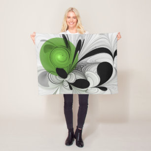 Abstrakt Svartvitt med Grönt Fractal Art Fleecefilt