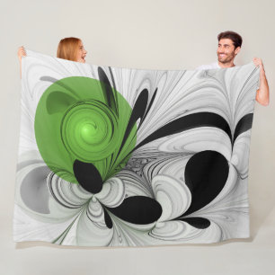 Abstrakt Svartvitt med Grönt Fractal Art Fleecefilt