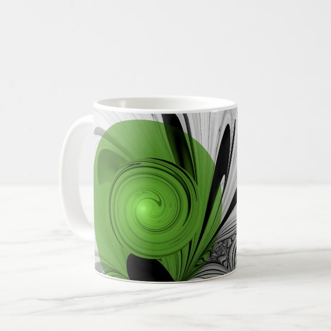 Abstrakt Svartvitt med Grönt Fractal Art Kaffemugg (Framsida vänster)