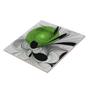 Abstrakt Svartvitt med Grönt Fractal Art Kakelplatta