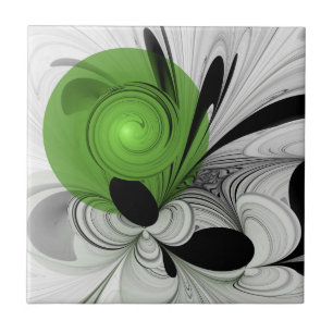 Abstrakt Svartvitt med Grönt Fractal Art Kakelplatta