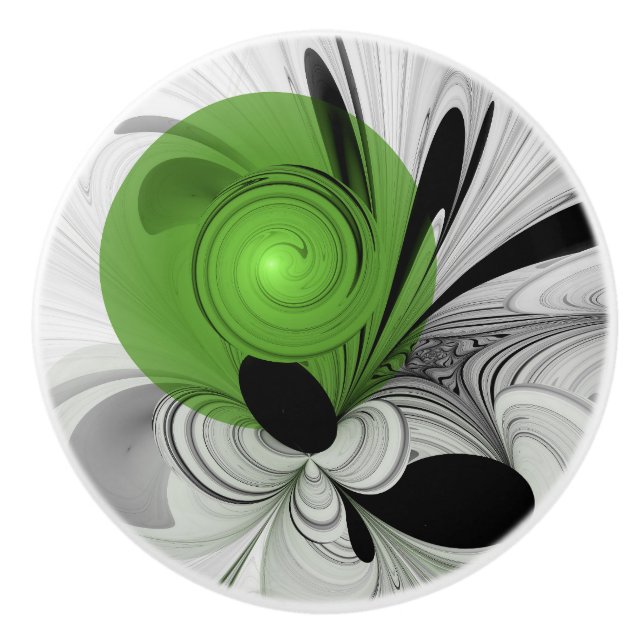Abstrakt Svartvitt med Grönt Fractal Art Knopp (Framsidan)