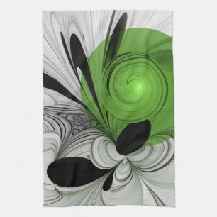 Abstrakt Svartvitt med Grönt Fractal Art Kökshandduk
