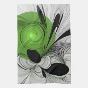 Abstrakt Svartvitt med Grönt Fractal Art Kökshandduk