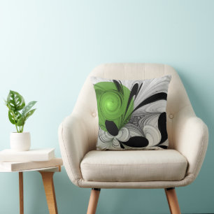 Abstrakt Svartvitt med Grönt Fractal Art Kudde
