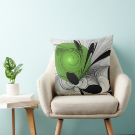 Abstrakt Svartvitt med Grönt Fractal Art Kudde