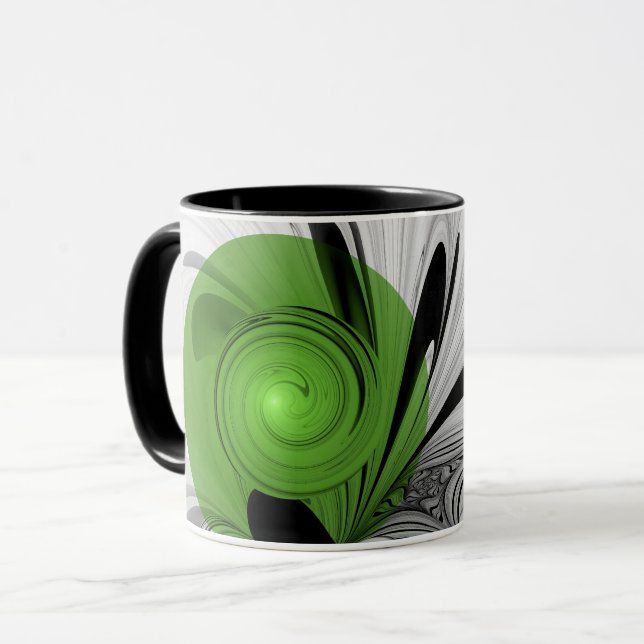 Abstrakt Svartvitt med Grönt Fractal Art Mugg (Framsida vänster)