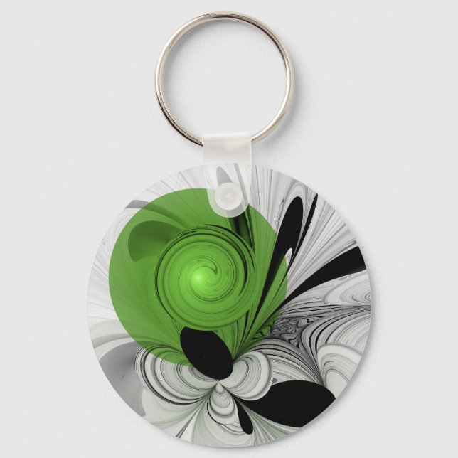 Abstrakt Svartvitt med Grönt Fractal Art Nyckelring (Framsida)