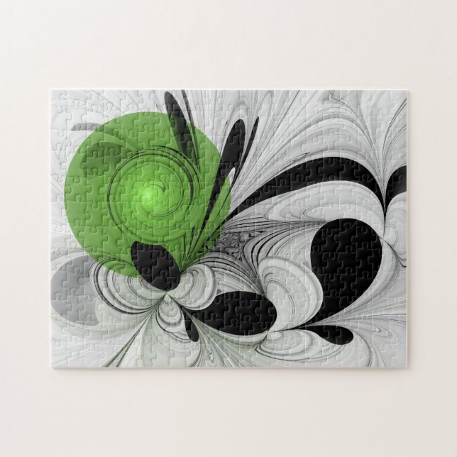 Abstrakt Svartvitt med Grönt Fractal Art Pussel (Horisontell)