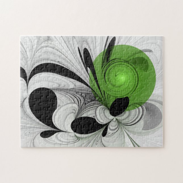 Abstrakt Svartvitt med Grönt Fractal Art Pussel (Horisontell)