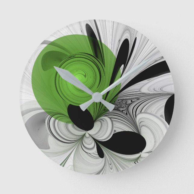 Abstrakt Svartvitt med Grönt Fractal Art Rund Klocka (Framsida)