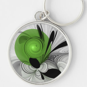 Abstrakt Svartvitt med Grönt Fractal Art Rund Silverfärgad Nyckelring