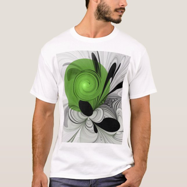 Abstrakt Svartvitt med Grönt Fractal Art T Shirt (Framsida)