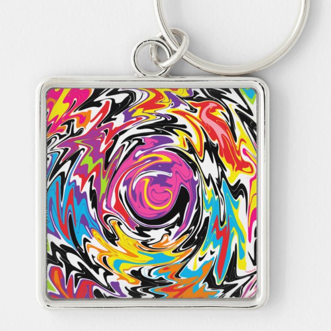 Abstrakt Swirl Fyrkantig Silverfärgad Nyckelring (Framsidan)