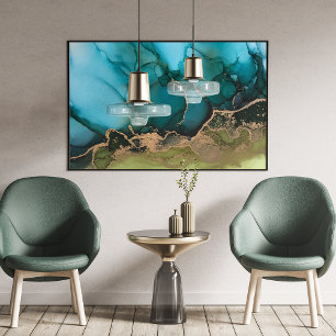 Abstrakt Teal Aqua Grönt Black Guld Large Poster