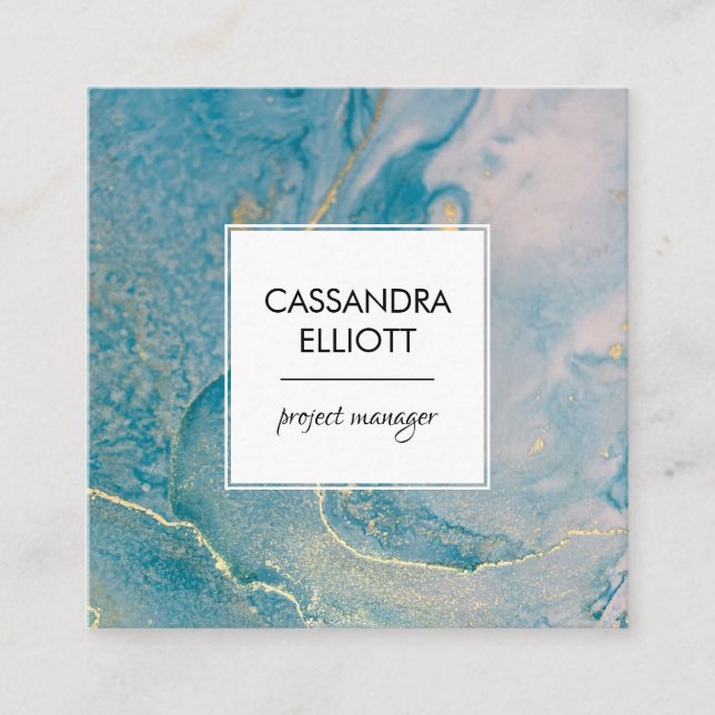 Abstrakt Teal Blue & Guld Alcohol Bläck Liquid Art Fyrkantigt Visitkort (Framsida)