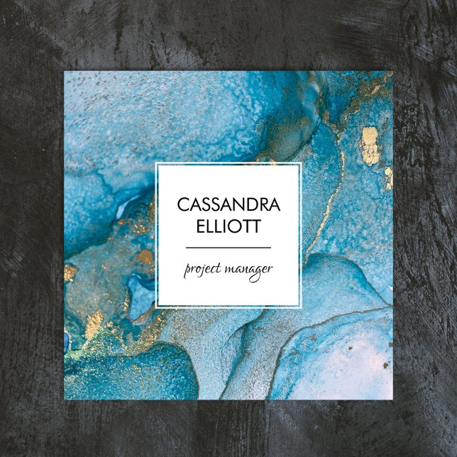 Abstrakt Teal Blue & Guld Alcohol Bläck Liquid Art Fyrkantigt Visitkort (Skapare uppladdad)