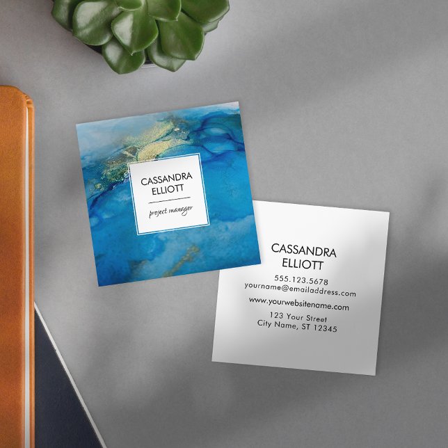 Abstrakt Teal Blue & Guld Alcohol Bläck Liquid Art Fyrkantigt Visitkort (Skapare uppladdad)