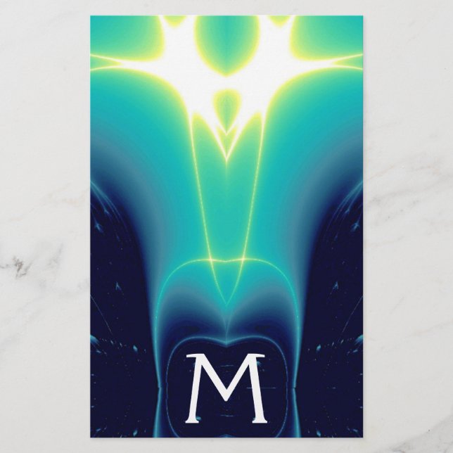 ABSTRAKT TEAL BLUE TURQUOISE LIGHT VÅGAR MONOGRAM BREVPAPPER (Framsida)