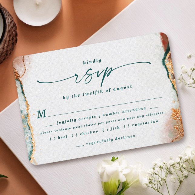 Abstrakt Teal Copper Bröllop Meal Choice OSA kort (Elegant Teal and Copper Wedding Meal Choice RSVP Cards)