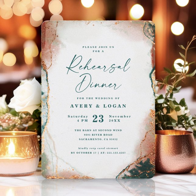 Abstrakt Teal & Copper Bröllop Rehearsal Dinner Inbjudningar (A chic invitation featuring a teal background with copper accents.)