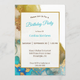 Abstrakt Teal Guld Agate Watercolor Birthday Inbjudningar