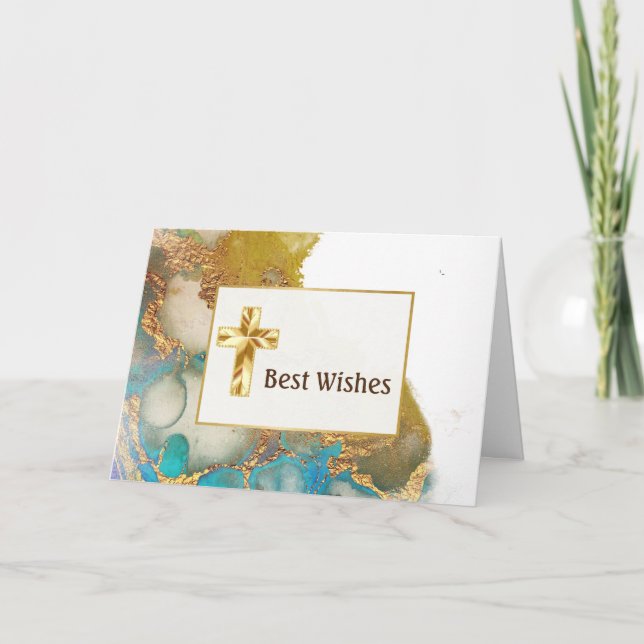 Abstrakt Teal Guld Agate Watercolor Confirmation Kort (Framsida)
