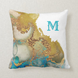 Abstrakt Teal Guld Agate Watercolor Monogram Kudde