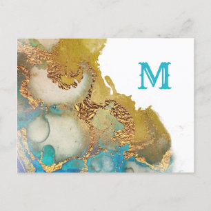 Abstrakt Teal Guld Agate Watercolor Monogram Vykort