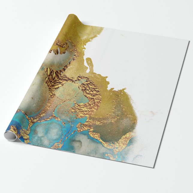 Abstrakt Teal Guld Agate Watercolor Presentpapper (Utrullad)