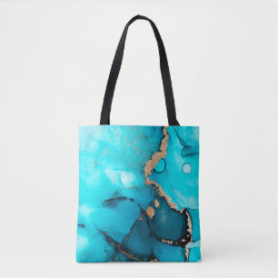 Abstrakt Teal Guld Alcohol Bläck Original Art Tygkasse