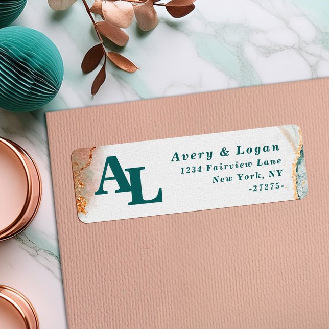 Abstrakt Teal & Guld Monogram Returadress Etikett (Abstract Teal & Copper Monogram Retrun Address Labels.)