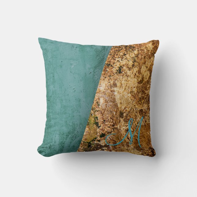 Abstrakt Teal och Guld Monogram Kudde (Framsida)