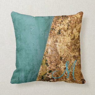 Abstrakt Teal och Guld Monogram Kudde