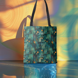 Abstrakt Teal Personlig Tote Bag med Initialer Tygkasse