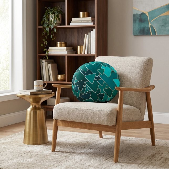 Abstrakt Teal Triangel Geometrisk Rund Kudde (Skapare uppladdad)