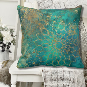 Abstrakt Teal Watercolor Guld Grunge Mandala Kudde