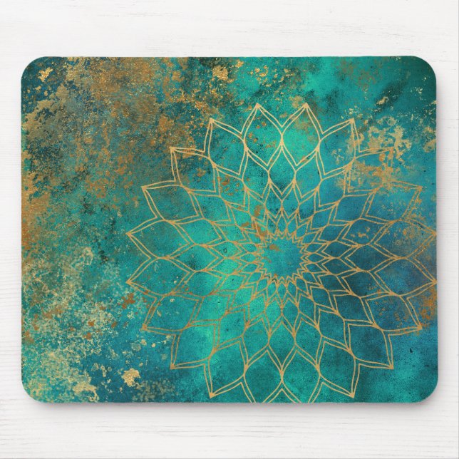 Abstrakt Teal Watercolor Guld Grunge Mandala Musmatta (Framsidan)