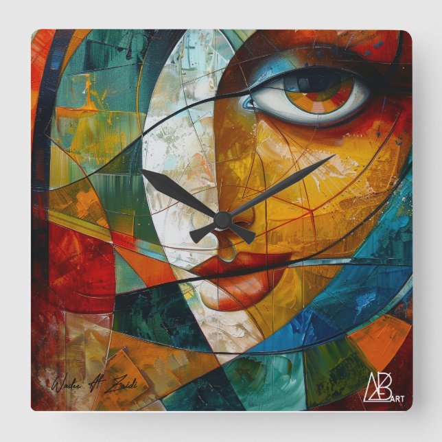 ABSTRAKT TECKNING i ÖGON Fyrkantig Klocka (Framsida)