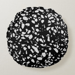 Abstrakt Terrazzo Mosaic Black and White Mönster Rund Kudde