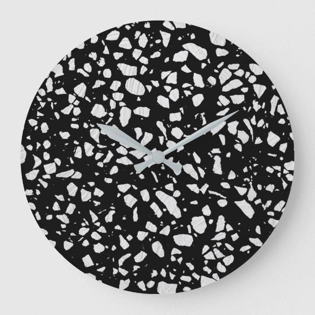 Abstrakt Terrazzo Mosaic Black and White Mönster Stor Klocka (Framsida)