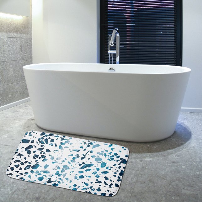 Abstrakt Terrazzo Mosaic Navy & Light Blue Mönster Badrumsmatta (Skapare uppladdad)