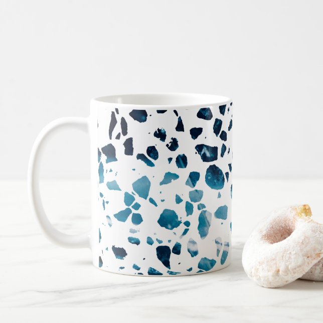 Abstrakt Terrazzo Mosaic Navy & Light Blue Mönster Kaffemugg (Med munk)