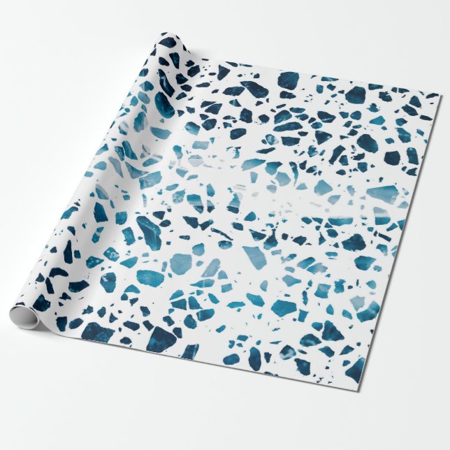 Abstrakt Terrazzo Mosaic Navy & Light Blue Mönster Presentpapper (Utrullad)