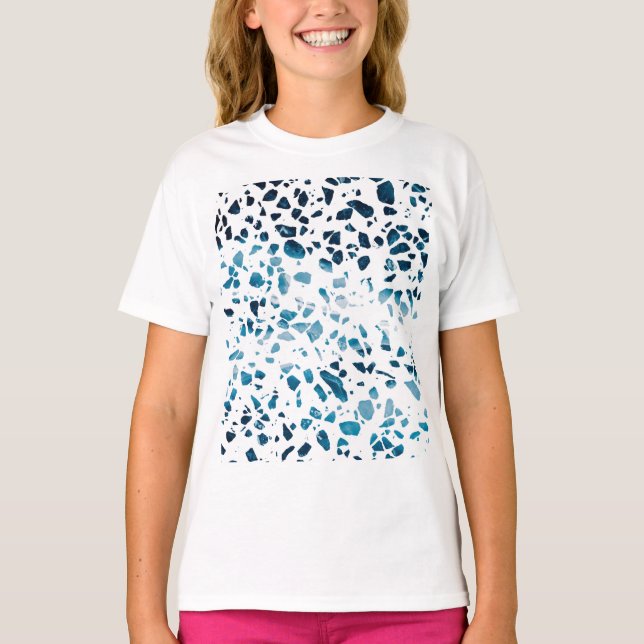 Abstrakt Terrazzo Mosaic Navy & Light Blue Mönster T Shirt (Framsida)