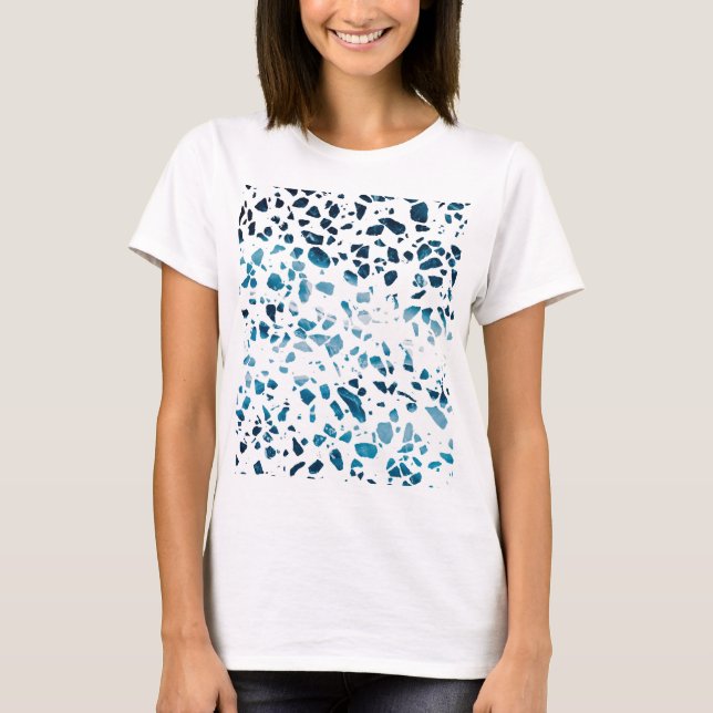 Abstrakt Terrazzo Mosaic Navy & Light Blue Mönster T Shirt (Framsida)