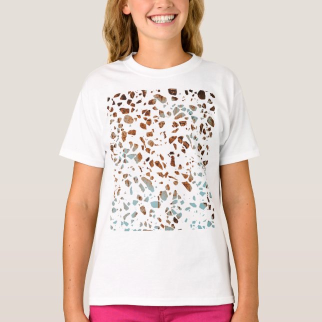 Abstrakt Terrazzo Mosaic Rust Brown & Blue Mönster T Shirt (Framsida)