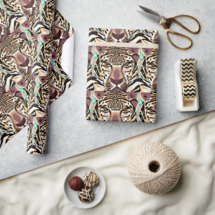 Abstrakt Tiger Ansikte Tan och Teal Birthday Presentpapper